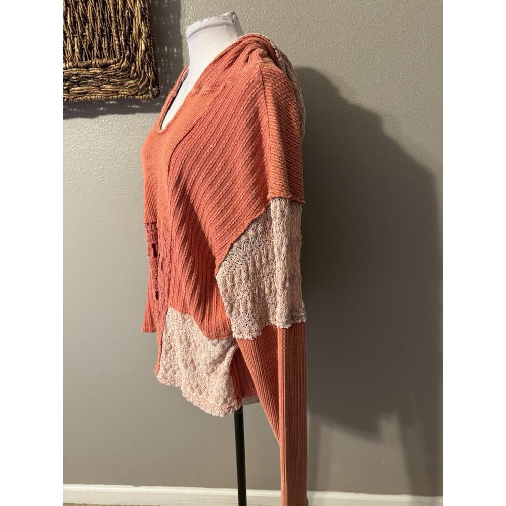Anthropologie Oli & Hali Knit Pullover Sweater M Hoodie Thrashed Open Orange - Picture 7 of 15